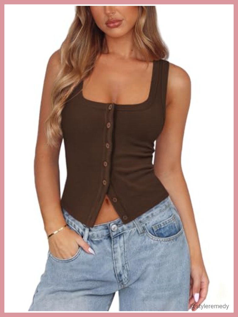Ribbed Knit Button Down Crop Tank Top Square Neck Going Out